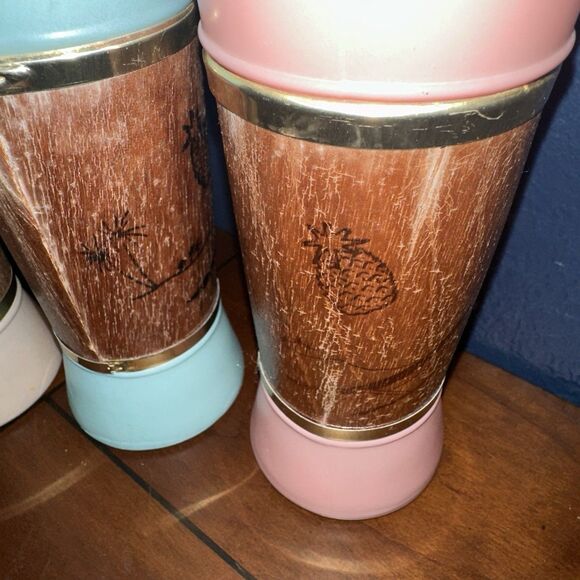 Vintage MCM Siesta Ware Tiki Bar Glasses Mahogany Wood Wrapped Set Of 4 - Picture 9 of 11